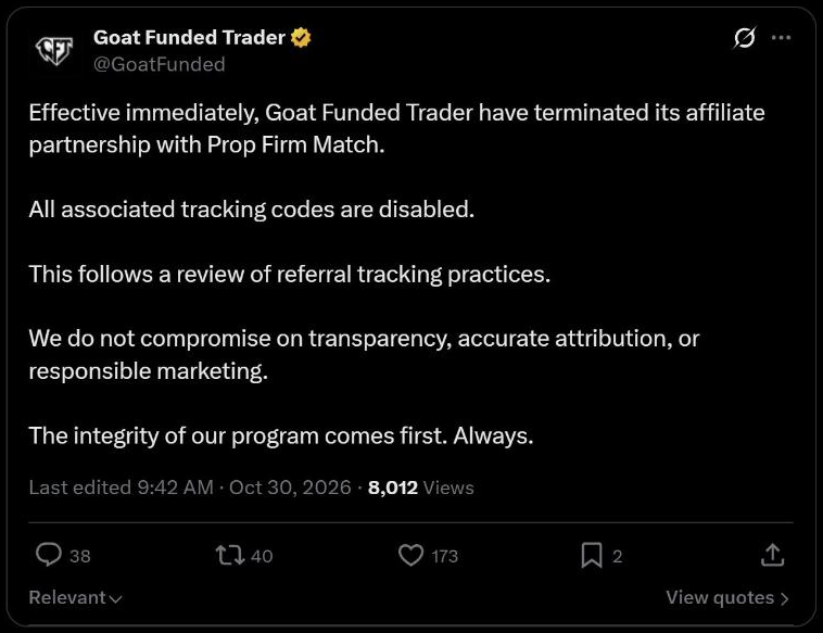 Goat Funded Trader announcement