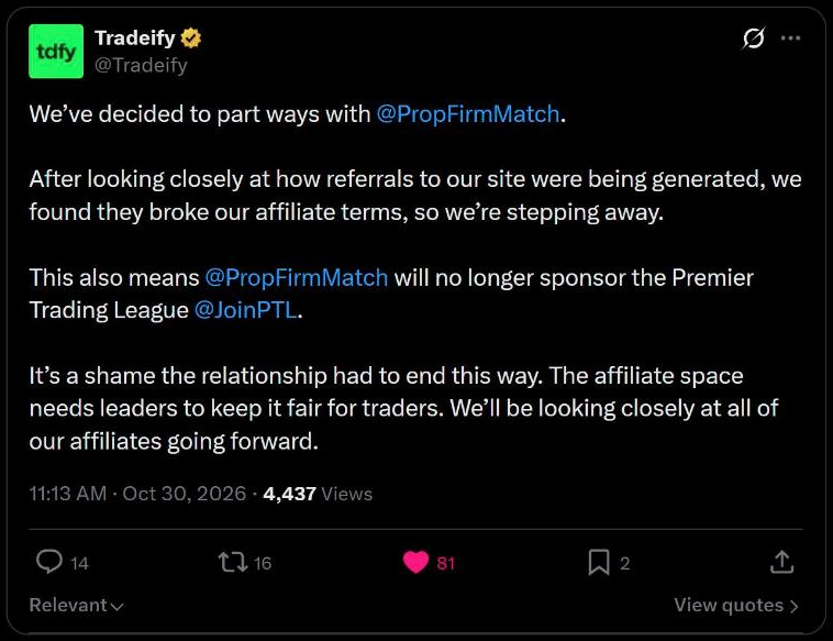 Tradeify announcement